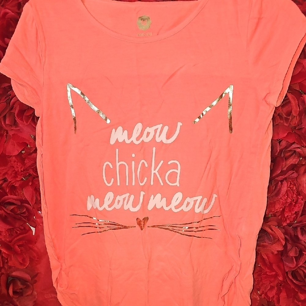 Total Girl Vibrant Orange Tee With Cat Graphic Slight Stains On Back Size 10/12